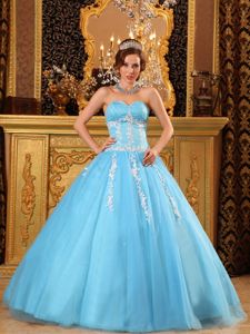 Aqua Blue Appliques Beading Sweetheart Dress for Quince in Tulle