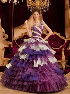 Colorful One Shoulder Beaded Sweet 15 Dress with Ruffled Layers