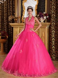 Hot Pink Halter Top v-Neck Appliques Quinceanera Dresses in Tulle