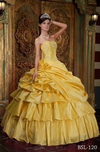 Yellow Strapless Appliques Tiered Pick-ups Pleated Dress for Quince