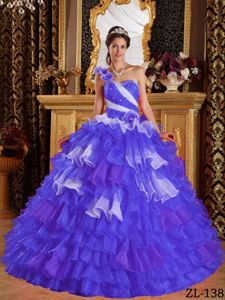 Blue One Shoulder Beading Multi-tiered Dresses for a Quinceanera