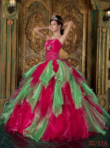 Hot Pink and Apple Green Ruffled Hand Made Flowers Dress for 15
