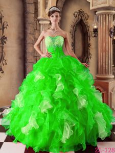 Spring Green Ball Gown Strapless Dress for Quince with Ruffles