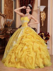 Chic Yellow Strapless Beading Appliques Ruffled Quinceanera Dress