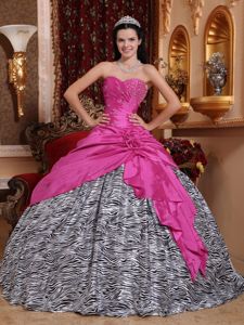 Hot Pink Beading Taffeta Dress for Sweet 15 with Zebra Silhouette