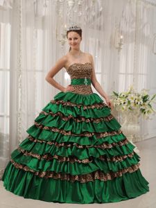 Strapless Green Multi-tiered Pleated Leopard Quinceanera Gowns
