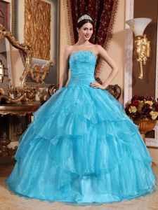 Aqua Blue Strapless Tiered Ruffled Ruches Bust Beaded Quince Dresses