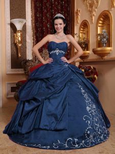 Navy Blue Ruches and Pick-ups Embroidery Taffeta Dresses for 15