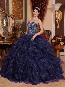 Navy Blue Beading Bust Sweetheart Ruffles Accents Quinces Dresses