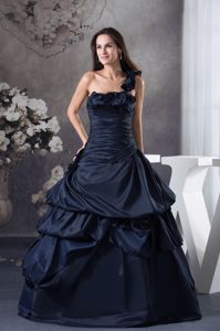 A-line Navy Blue One Shoulder Hand Made Flowers Quince Gowns