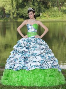 Multi-colored Sweetheart Printing Ruffled Beading Sweet 15 Dress