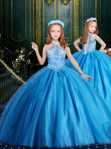 Halter Top Baby Blue Ball Gowns Beading and Sequins Kids Pageant Dress Lace Up Tulle Sleeveless Floor Length