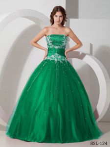 Green Tulle and Taffeta Beaded Sweet Sixteen Dress with Appliques