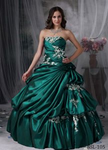 Customize Appliques Ruche Taffeta Sweet 16 Dresses in Dark Green