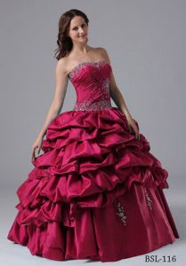 Classic Wine Red Pick-ups Dresses for a Quince with Beaded Ruche