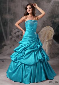 Polished Ruche Beading Strapless Dress Quinceanera in Aqua Blue