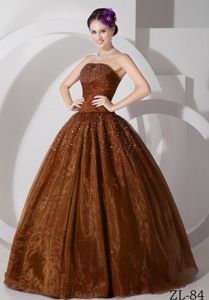 Discount Brown Strapless Ruche Sweet Sixteen Dress with Beading