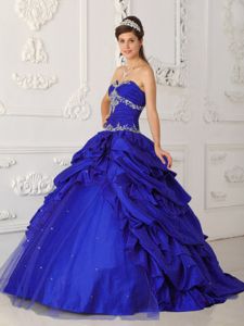 Blue Pick-ups Beading Appliques Quinceanera Gowns on Discount