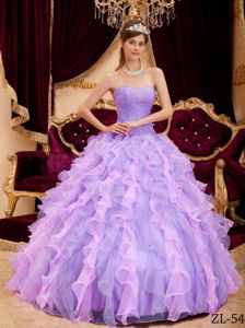 Lilac Beaded Ruche Quinceanera Party Dress with Ruffles 2014