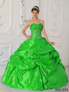 Green Ruche Sweetheart Appliques Dress for Quince with Pick-ups