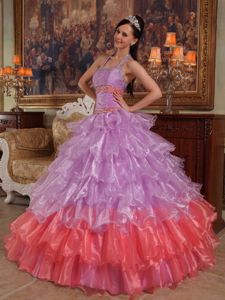 Organza Halter Top Beading Dress for Sweet 16 with Ruffled Layers