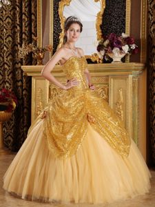 Gold Tulle Sequins Quinceanera Dresses with Hand Made Flowers
