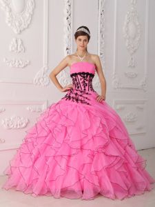 Lovely Strapless Appliques Ruffles Quinceanera Dresses in Hot Pink