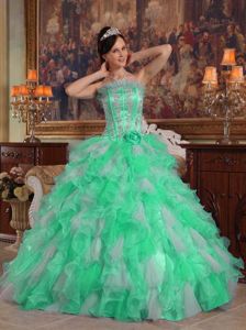 Apple Green Strapless Hand Made Flowers Ruffled Dress for Quince