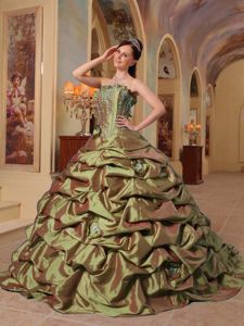 Olive Strapless Beading Appliques Pick-ups Accent Dress for Quince