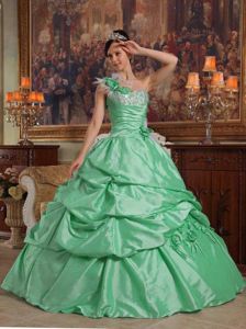 Apple Green one Floral Shoulder Ruches and Pick-ups Quince Dress
