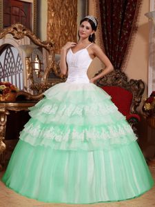 Mint Colored and White Spaghetti Straps Tiered Quinceanera Dresses
