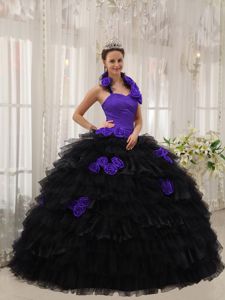 Black and Purple Halter Top 3D Flowers Tiered Sweet 15 Dresses