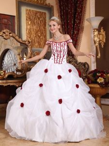 White off the Shoulder Pick-ups with Red 3D Flowers Quince Dress