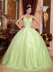 Yellow Green Pleated and Beaded Quinceanera Dresses with Straps
