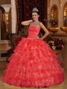 Coral Red Strapless Beading Ruched Bust Ruffled Quinceanera Dresses