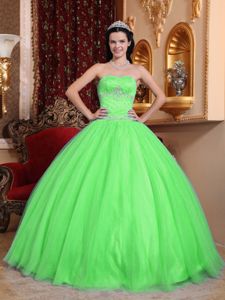 Spring Green Strapless Beaded Tulle and Taffeta Quinceanera Dresses