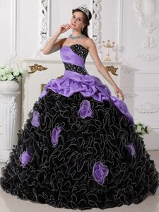Lilac and Black Rolling Flowers Pick-ups Beading Quince Dresses