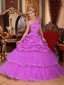Hot Pink one Shoulder Pick-ups Beaded and Tiered Dress for Quince