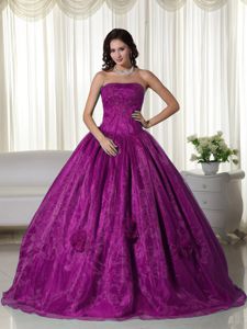 Fuchsia Strapless Beading Quinceanera Dresses with 3D Flowers