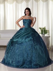 Teal Strapless Ruffled Embroidery Beading Quinceanera Party Dress