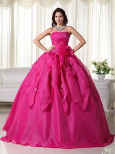 Hot Pink Strapless Appliques Hand Made Flowers Dress for Quince