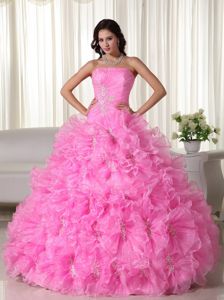Rose Pink Strapless Appliques Quinceanera Dresses with Ruffles Plus
