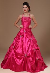 Red A-line Halter Beading Ruches and Pick-ups Quinceanera Dresses