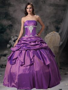 Ball Gown Strapless Pick-ups Appliqued Purple Dresses for 15
