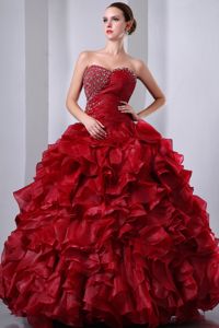 Cheap Princess Wine Red Beaded Ruffled Dresses for Sweet 16