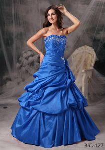 A-line Pick-ups Beaded Strapless Blue Sweet 15 Birthday Dress
