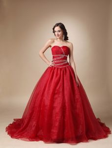 Cheap Court Train Organza Beaded Wine Red Sweet 16 Dresses