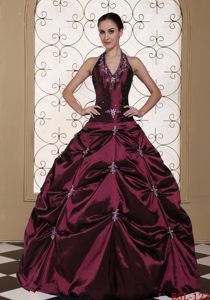 Halter Burgundy Sweet Sixteen Dress with Beading Embroidery