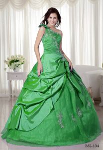 Modest Appliqued One Shoulder Green Quinceanera Party Dress