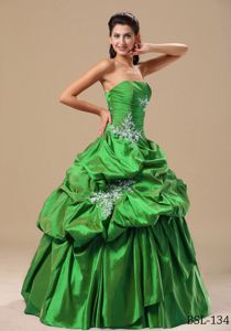 Brand New Taffeta Pick-ups Appliqued Green Quinceanera Dress
